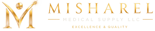 A gold and white logo banner for Misharel Medical Supply LLC, featuring a stylized golden 'M' with a sphere on the left, and the company name 'MISHAREL MEDICAL SUPPLY LLC' in gold and white text on the right, with the tagline 'EXCELLENCE & QUALITY' below.
