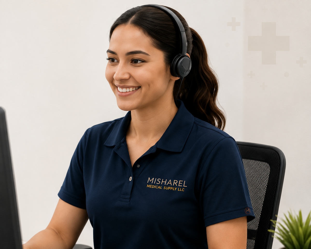 A woman wearing a navy blue polo shirt with 'MISHAREL MEDICAL SUPPLIES LLC' printed on the chest, sitting at a desk with a computer and a headset.